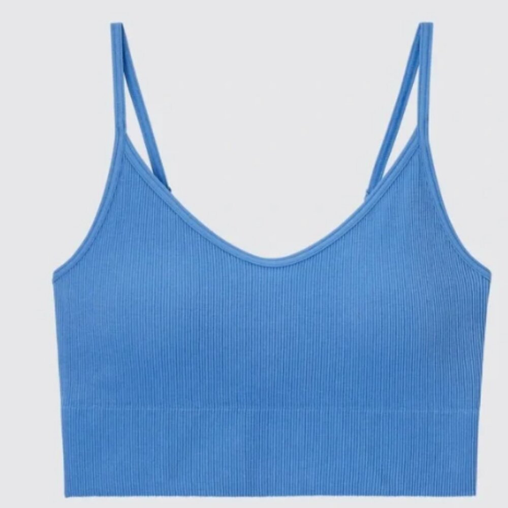 UNIQLO Seamless Half Camisole Bra Top Ribbed Blue Sewn-In Padding Cups Size S